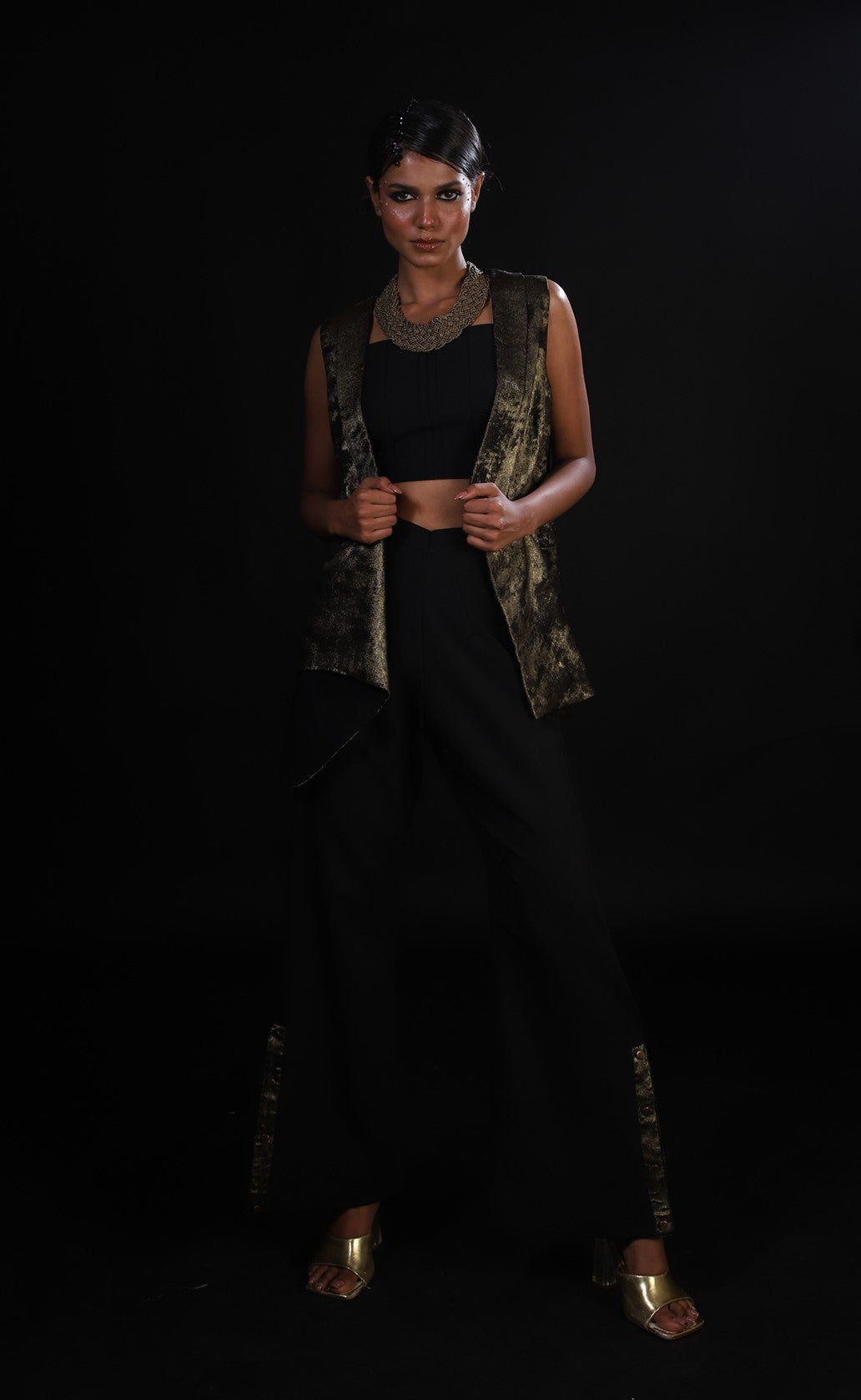Gold Textured Jacket with Slit Pants