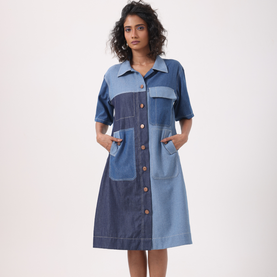 Mixed Denim Patch Pocket Dress