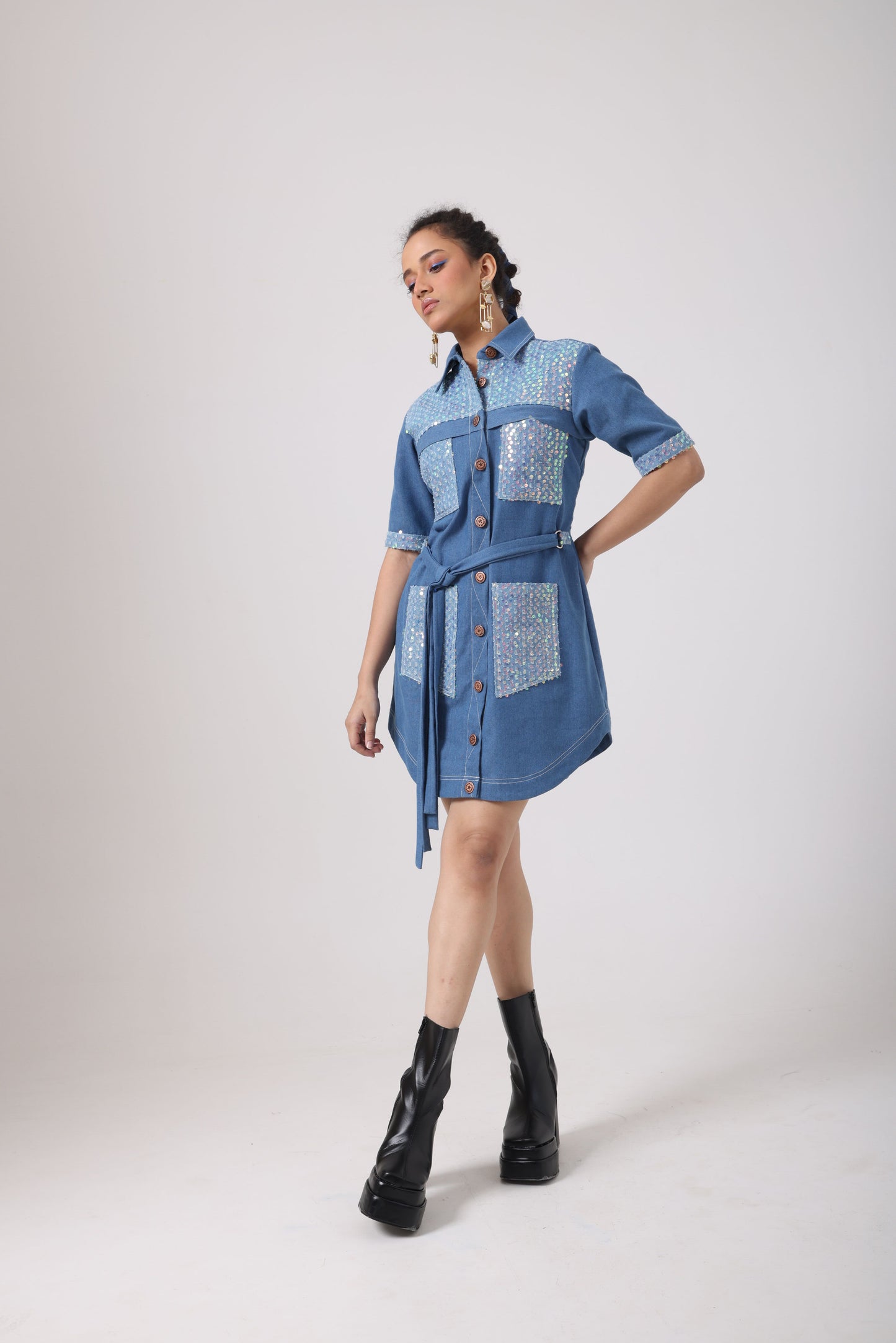 Sequence Denim Pocket Patch Dress