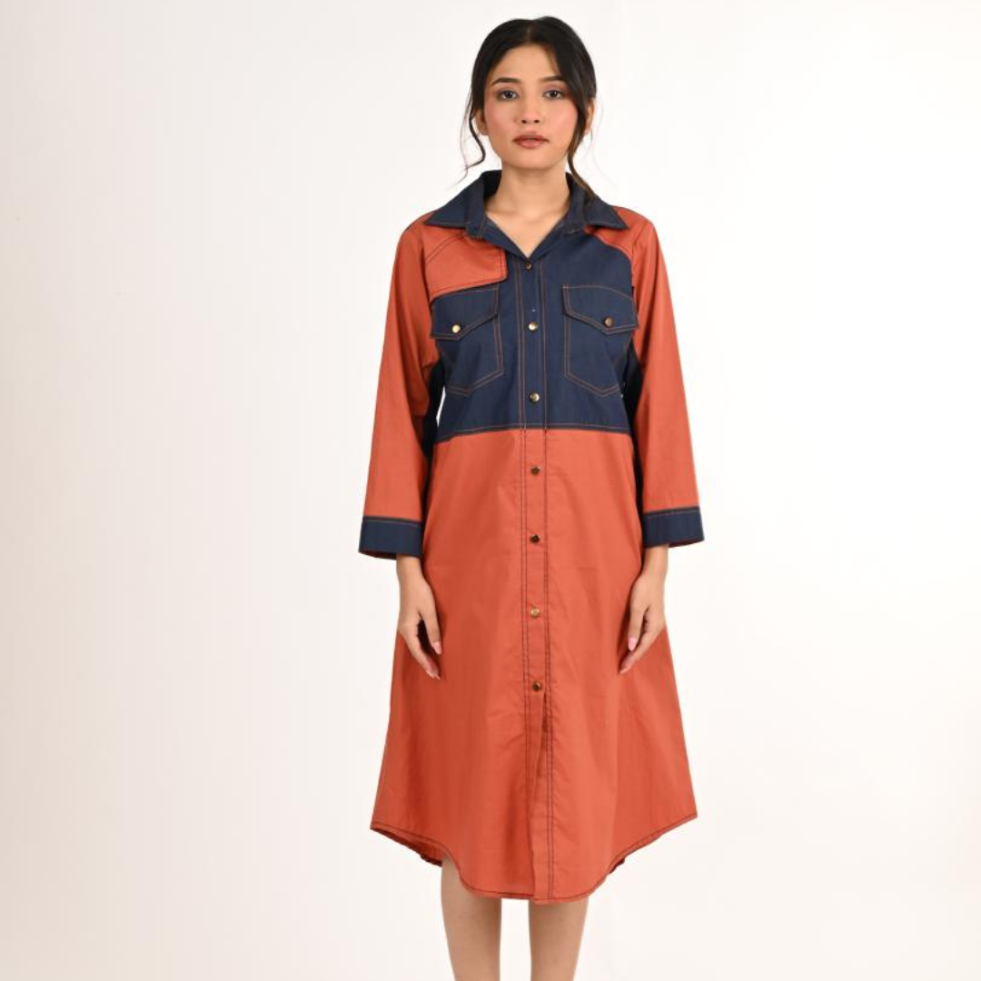 Burnt Orange Denim Yoke Dress