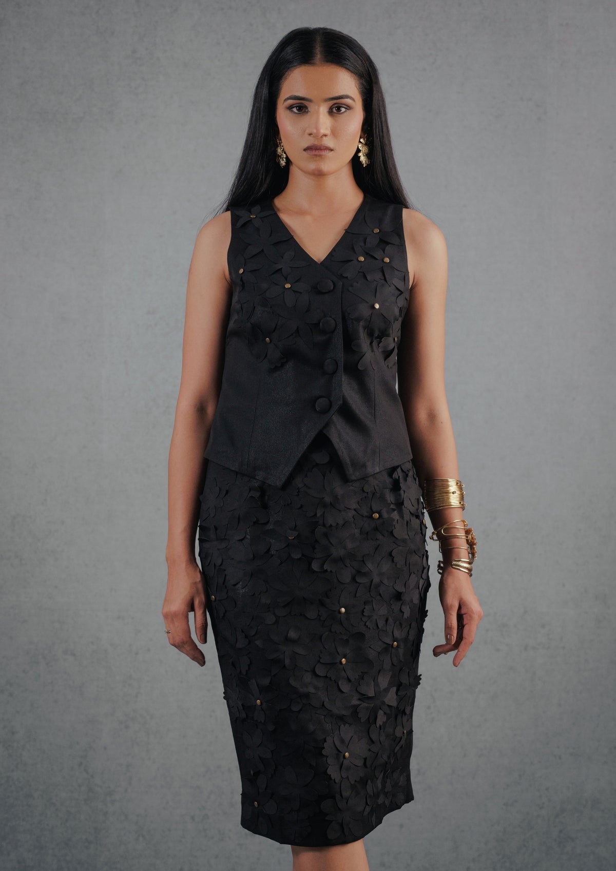 Black Laser Rivet Skirt Set - View 1