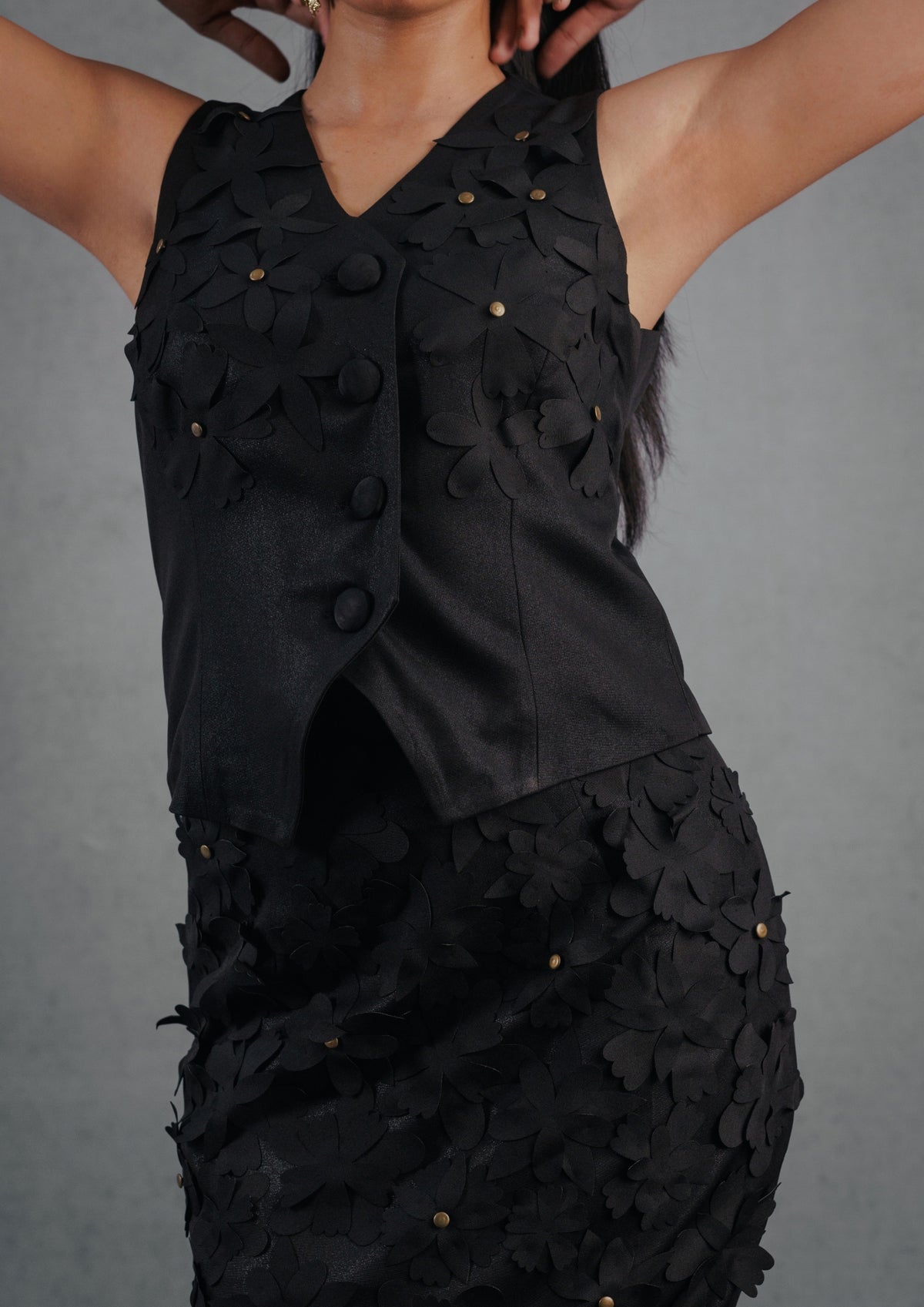 Black Laser Rivet Skirt Set - View 2