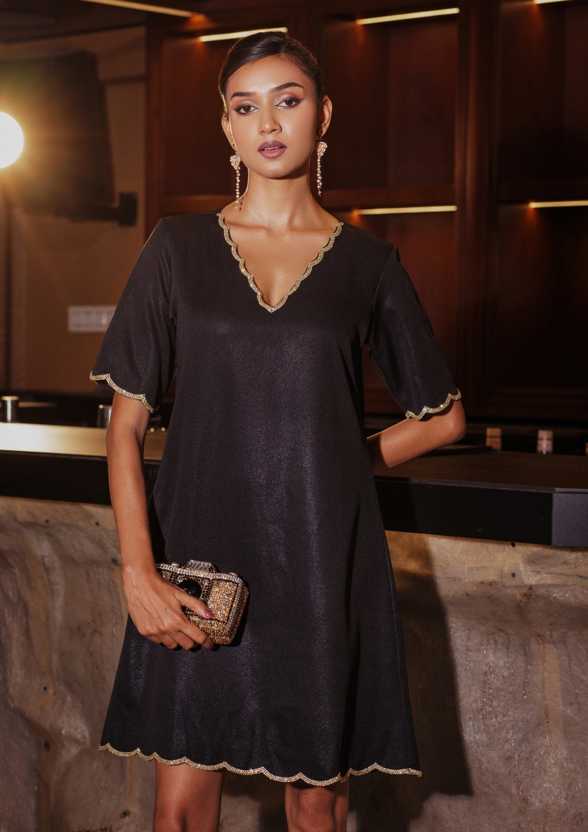 Black Stonework Scallop Dress - View 2
