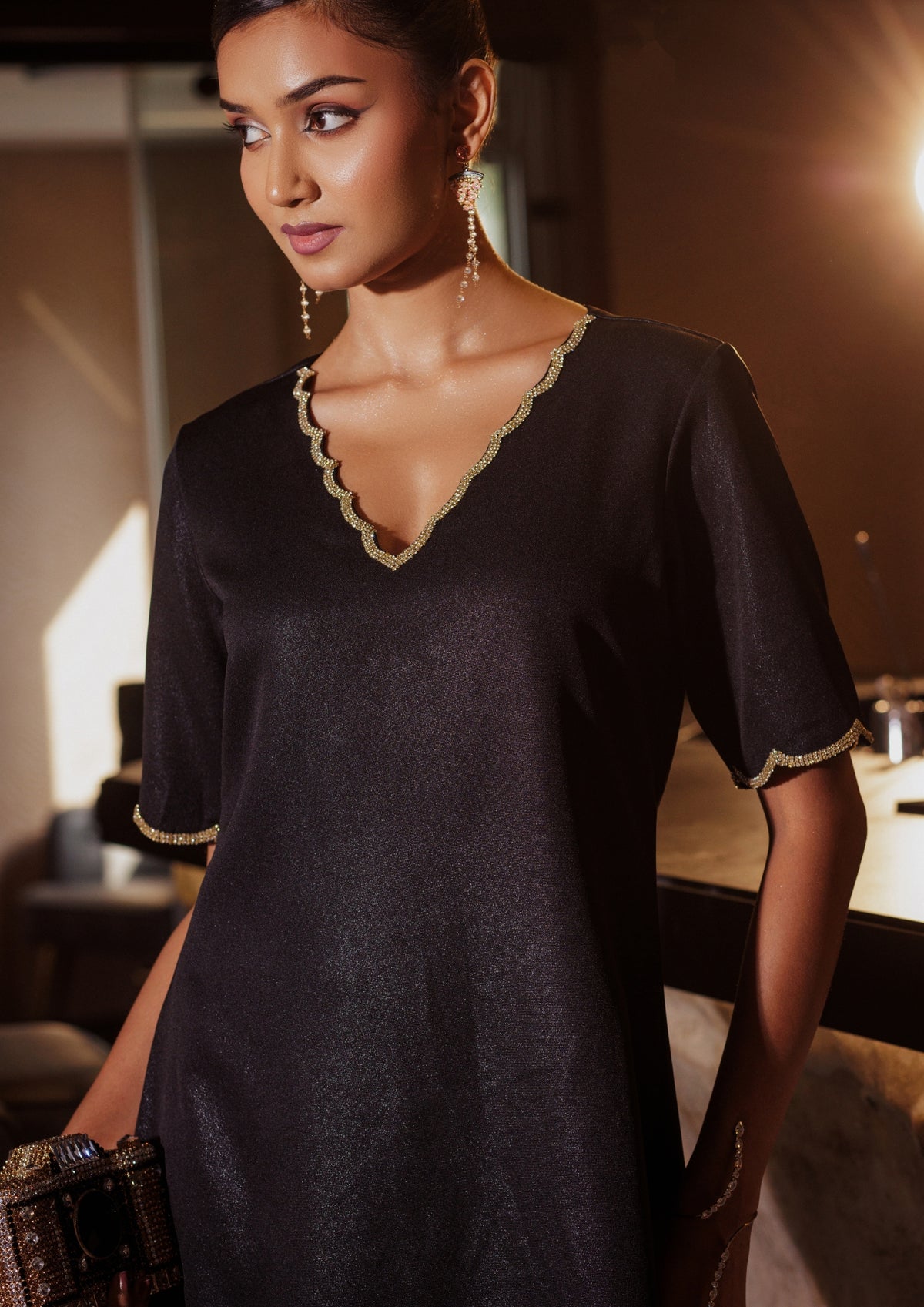 Black Stonework Scallop Dress - View 3