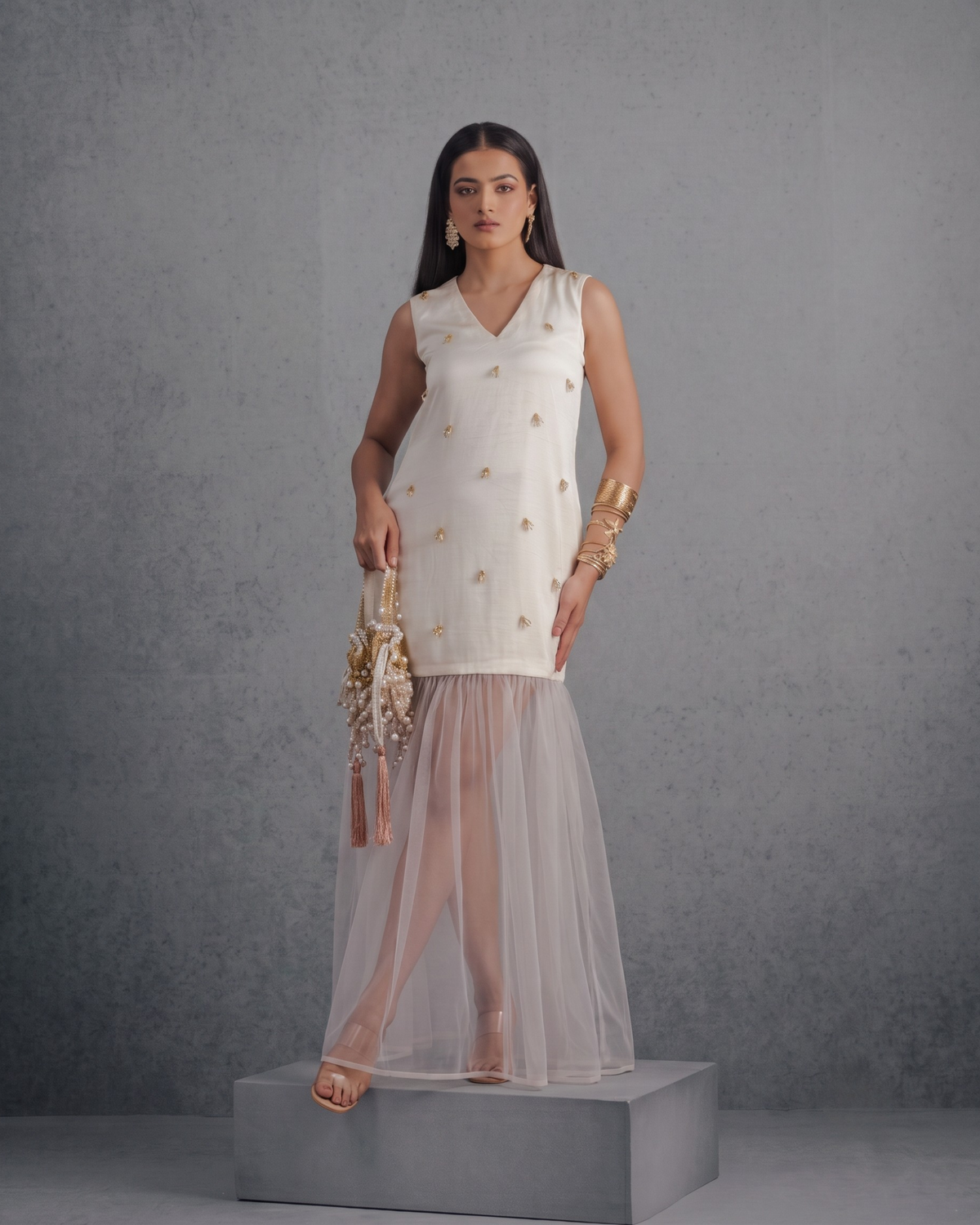 Ivory Gold Chir-Pipe Dress - View 1