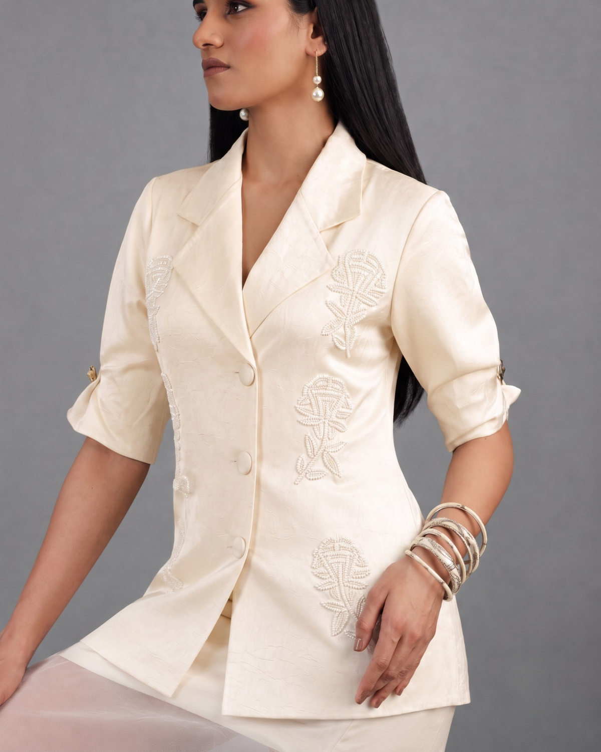 Ivory Rosette Blazer and Skirt Set - View 4
