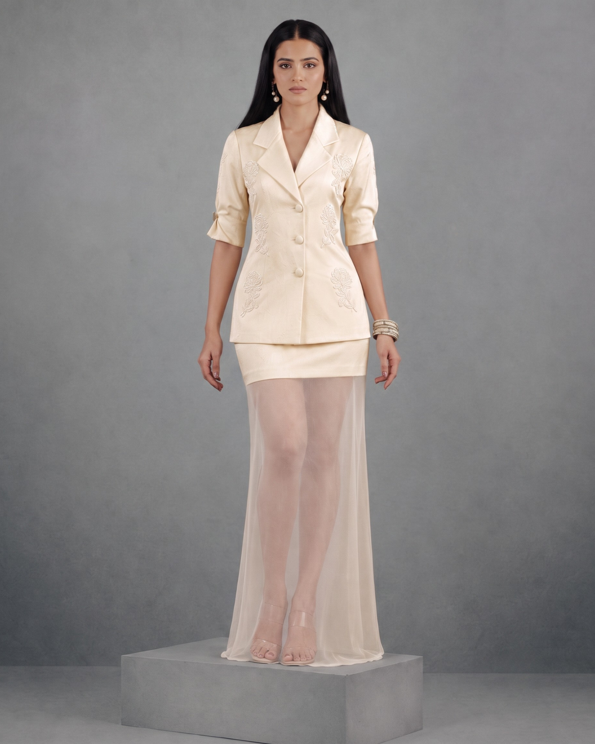 Ivory Rosette Blazer and Skirt Set - View 1