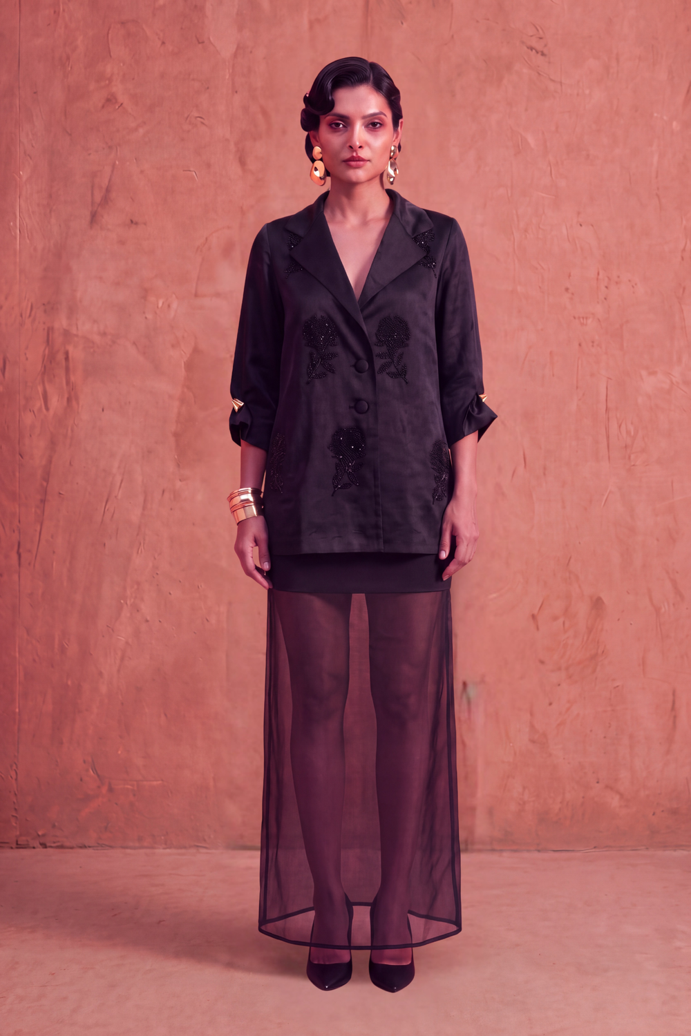 Black Rosette Blazer and Skirt Set