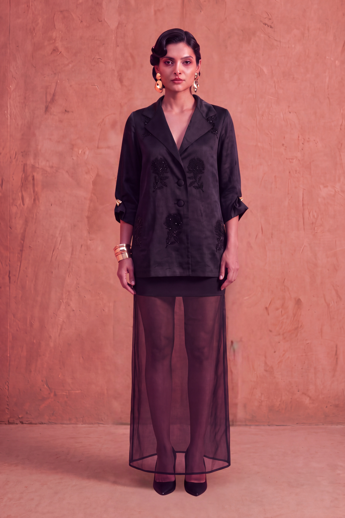 Black Rosette Blazer and Skirt Set - View 1