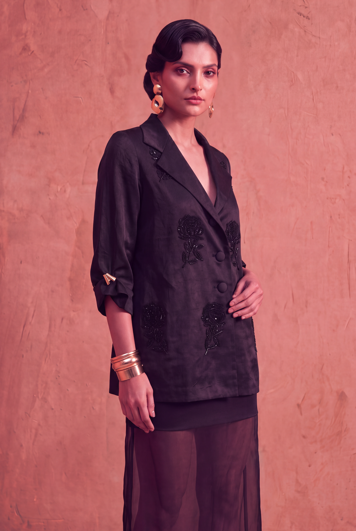 Black Rosette Blazer and Skirt Set - View 3