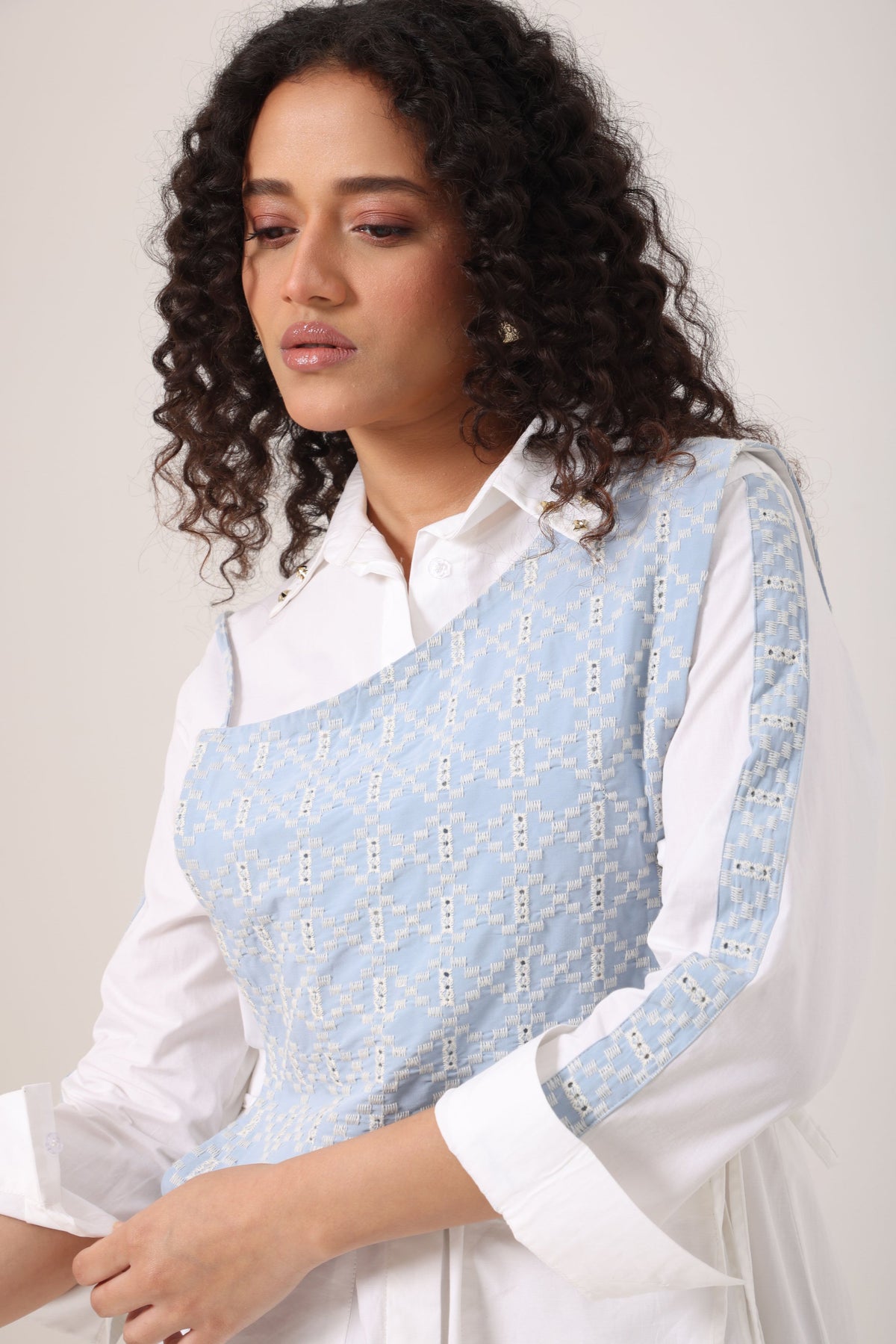 Crochet Denim Bib Shirt Dress - View 3