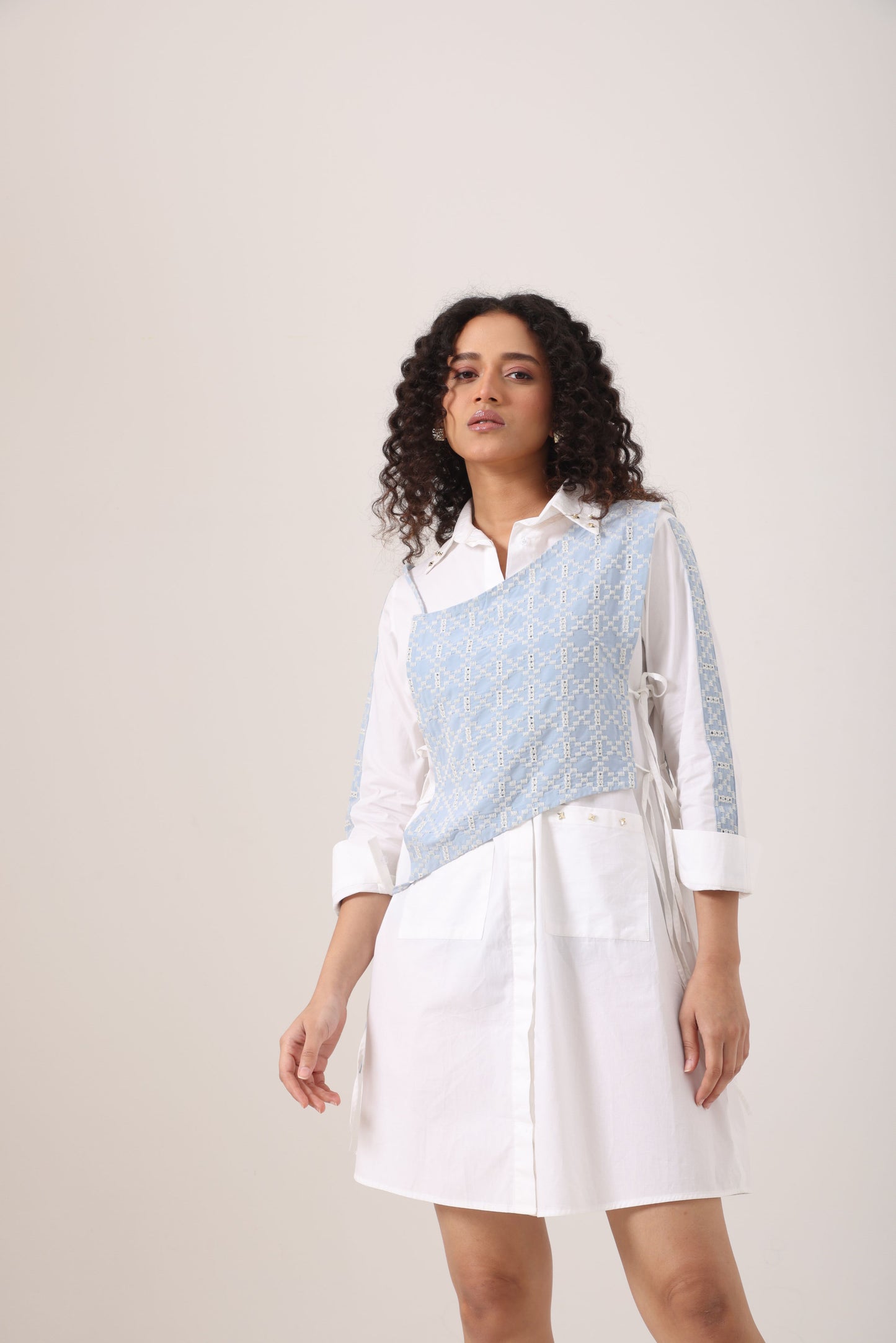 Crochet Denim Bib Shirt Dress