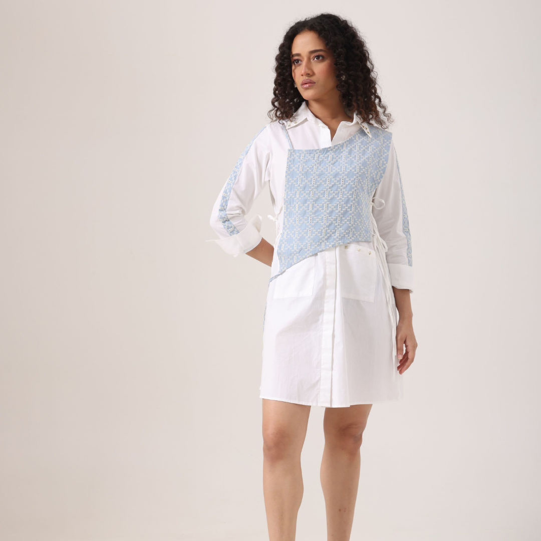 Crochet Denim Bib Shirt Dress