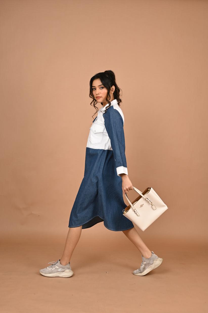 White Patch Denim Dress - View 3