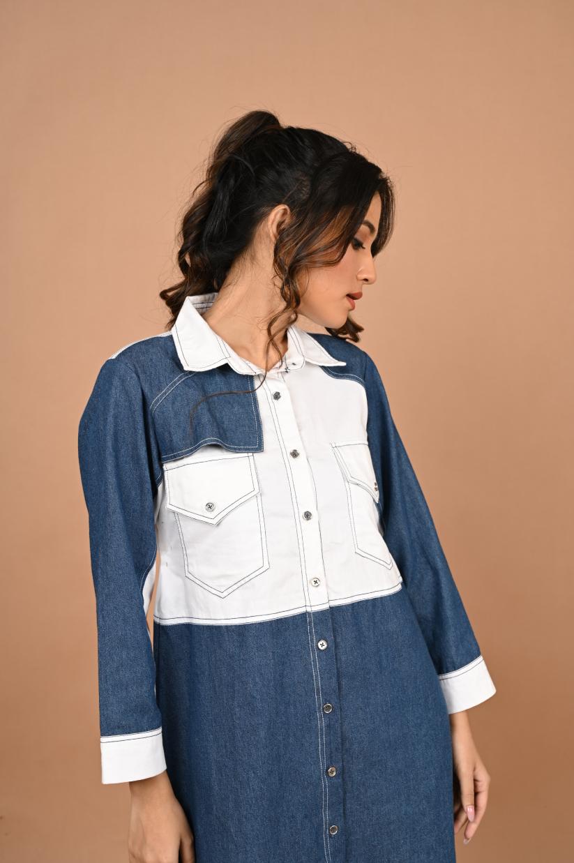 White Patch Denim Dress - View 4