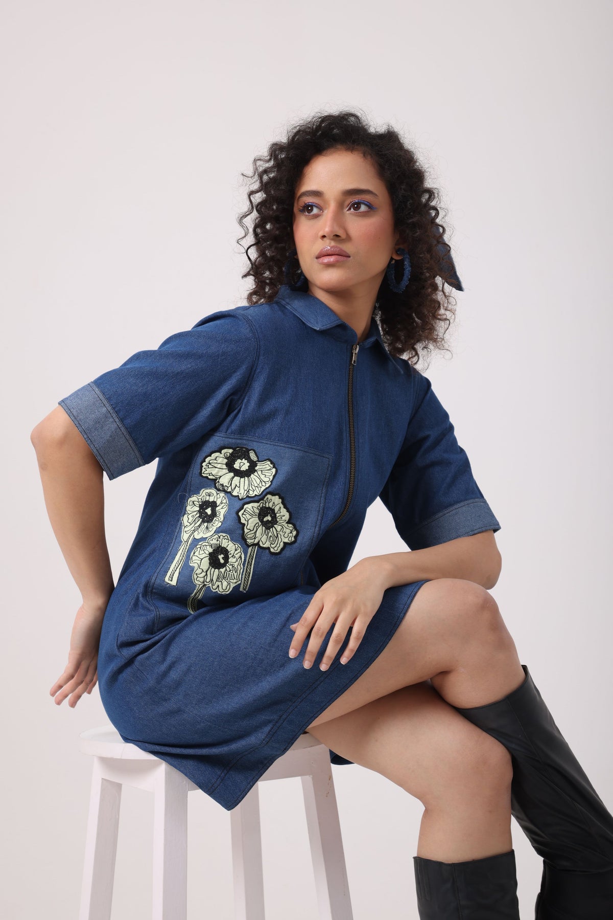 Denim Lime Patch Dress - View 3