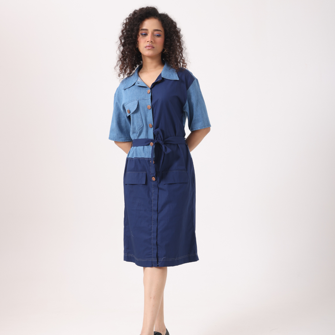 Denim Navy Panel Midi Dress - View 1