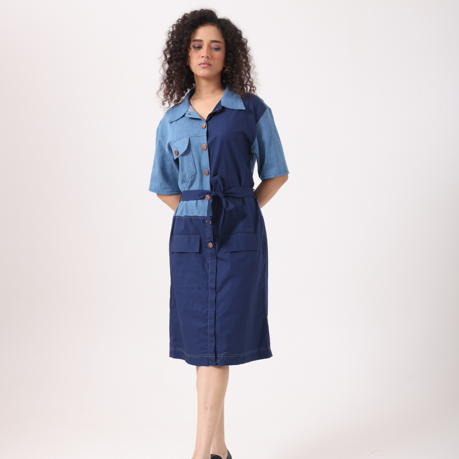 Denim Navy Panel Midi Dress