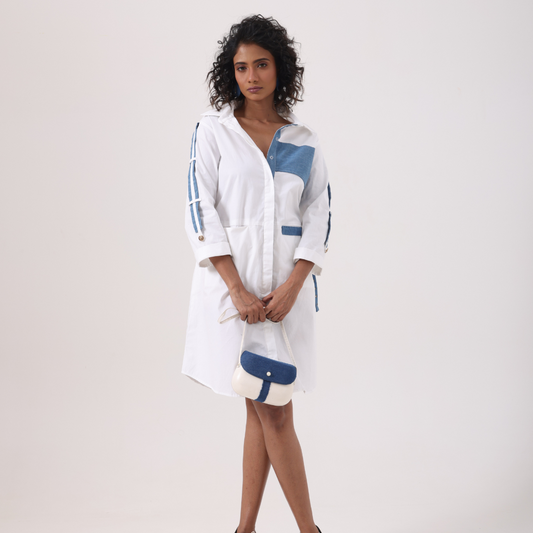 Denim Patch White Shirt Dress