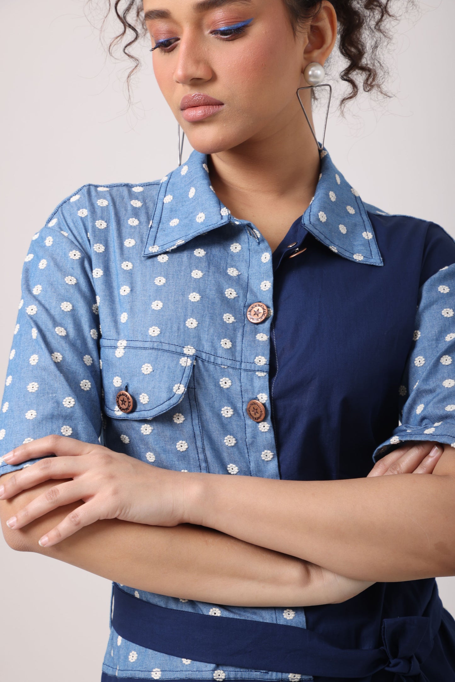 Flower Denim Panel Midi Dress