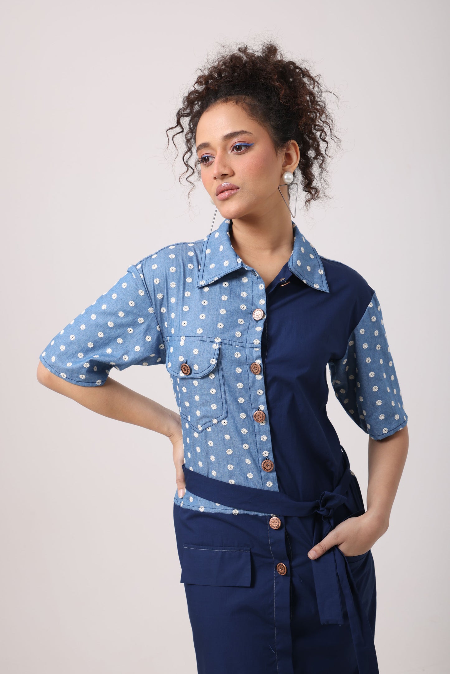 Flower Denim Panel Midi Dress