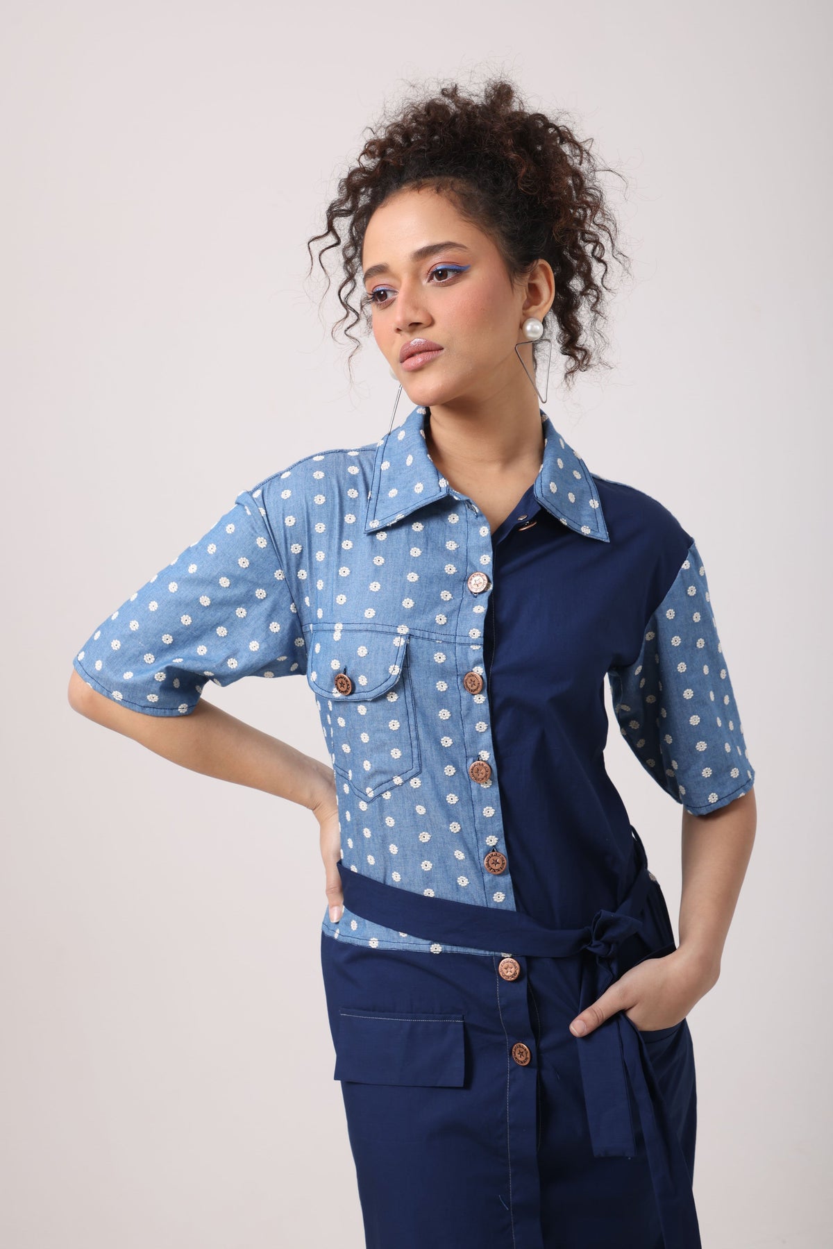 Flower Denim Panel Midi Dress - View 3