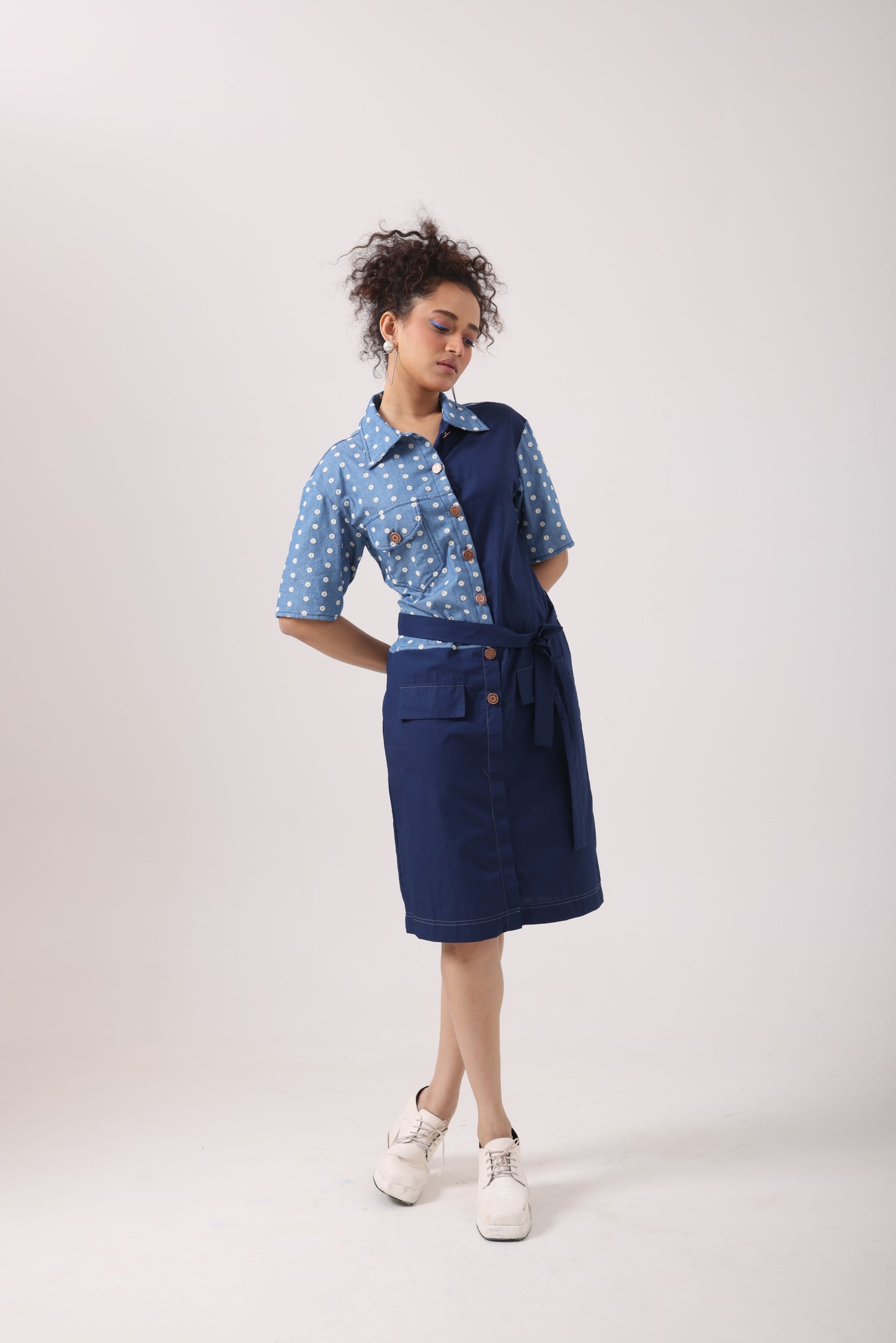 Flower Denim Panel Midi Dress