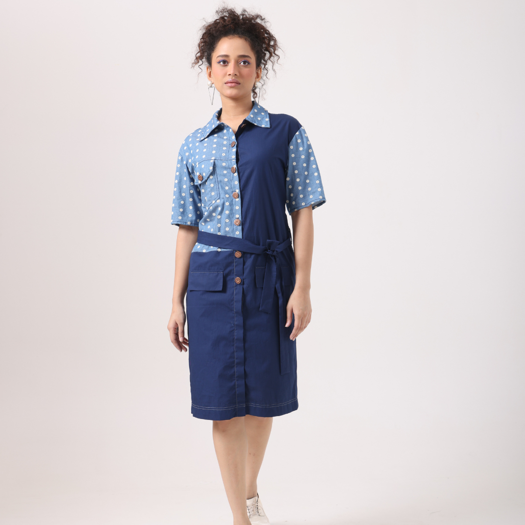 Flower Denim Panel Midi Dress