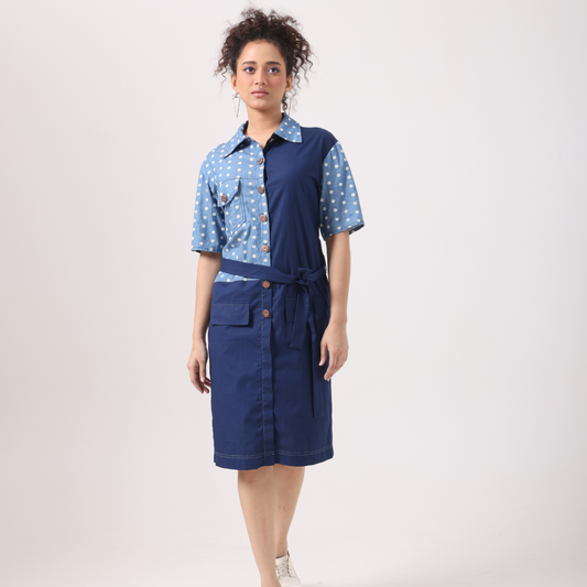 Flower Denim Panel Midi Dress