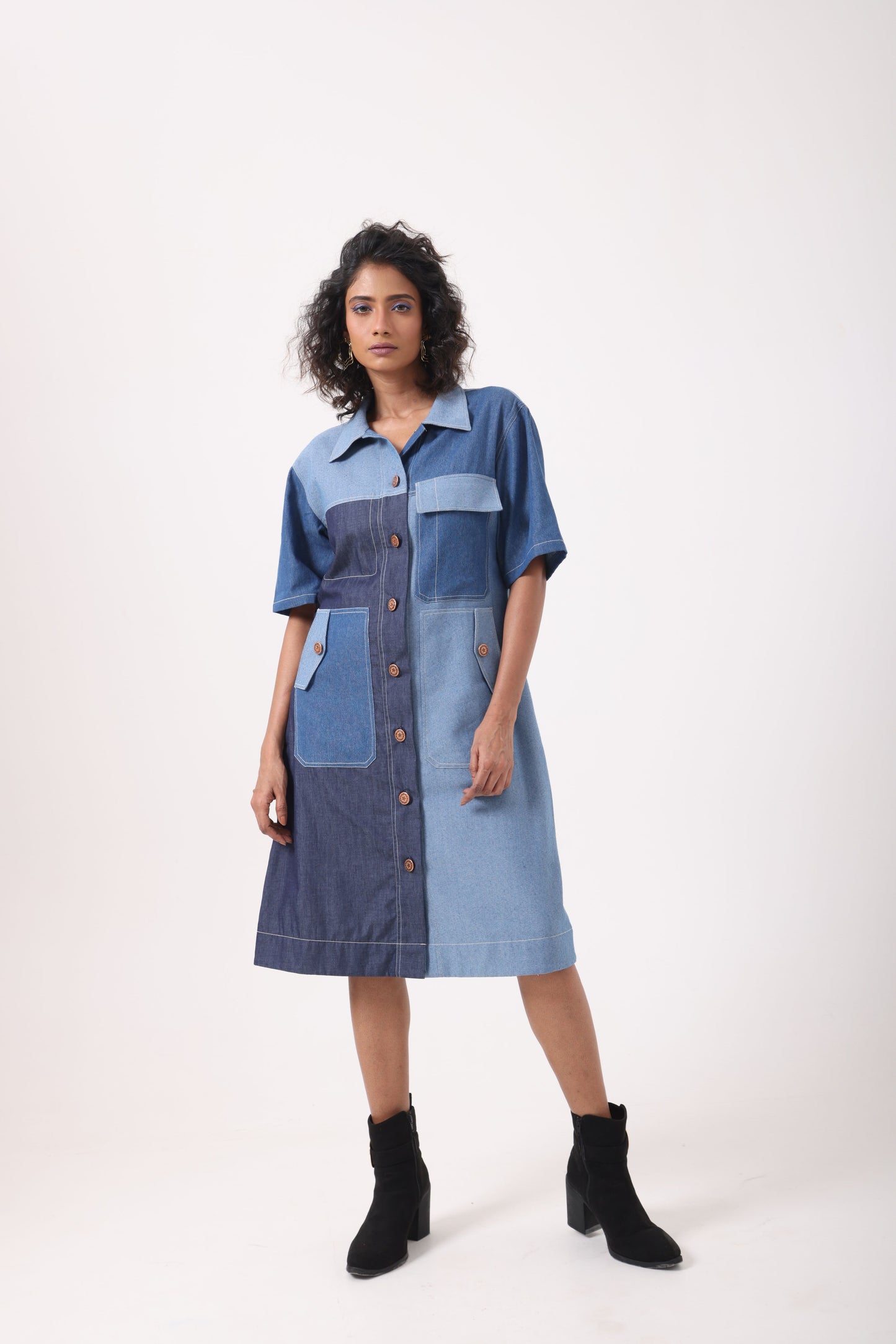 Mixed Denim Patch Pocket Dress