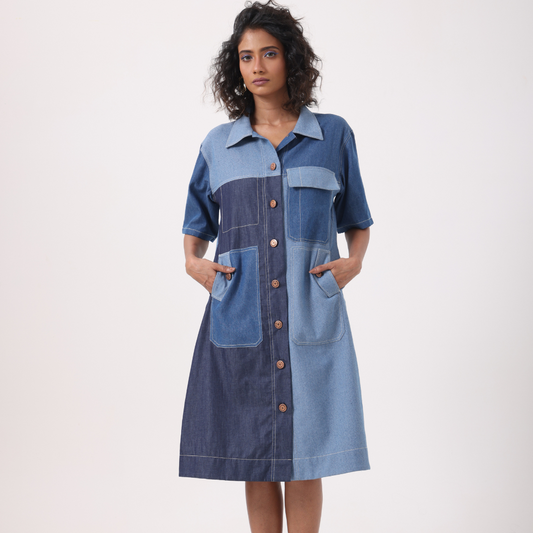 Mixed Denim Patch Pocket Dress