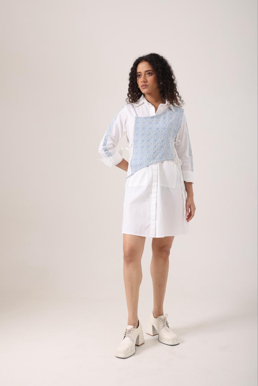 Crochet Denim Bib Shirt Dress