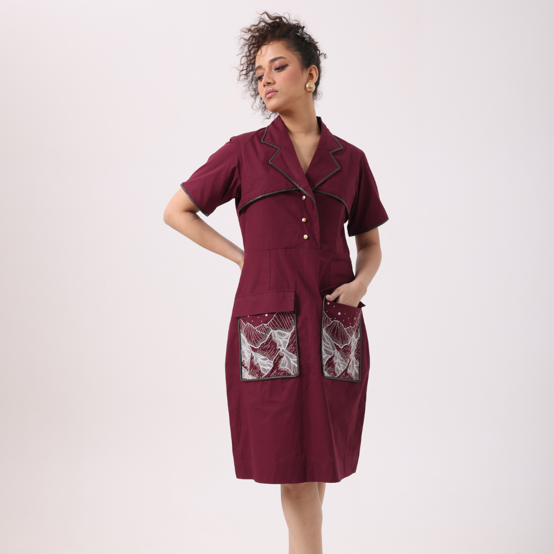Pocket Patch Dress in Wine - View 1