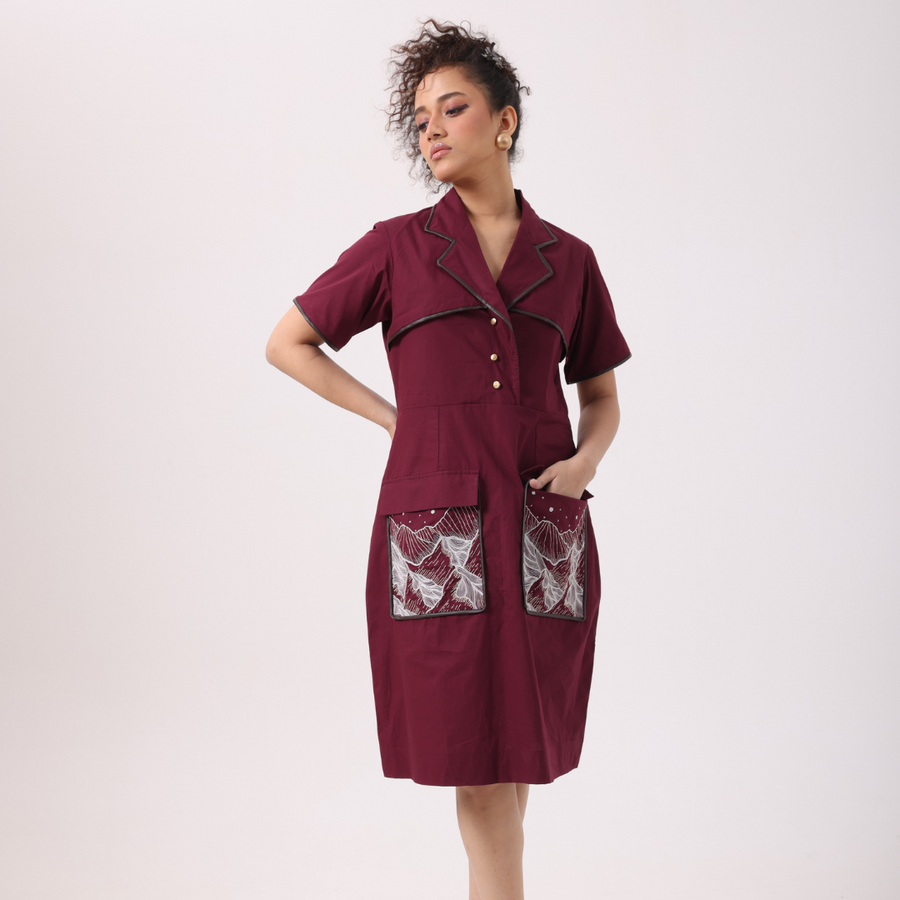 Pocket Patch Dress in Wine