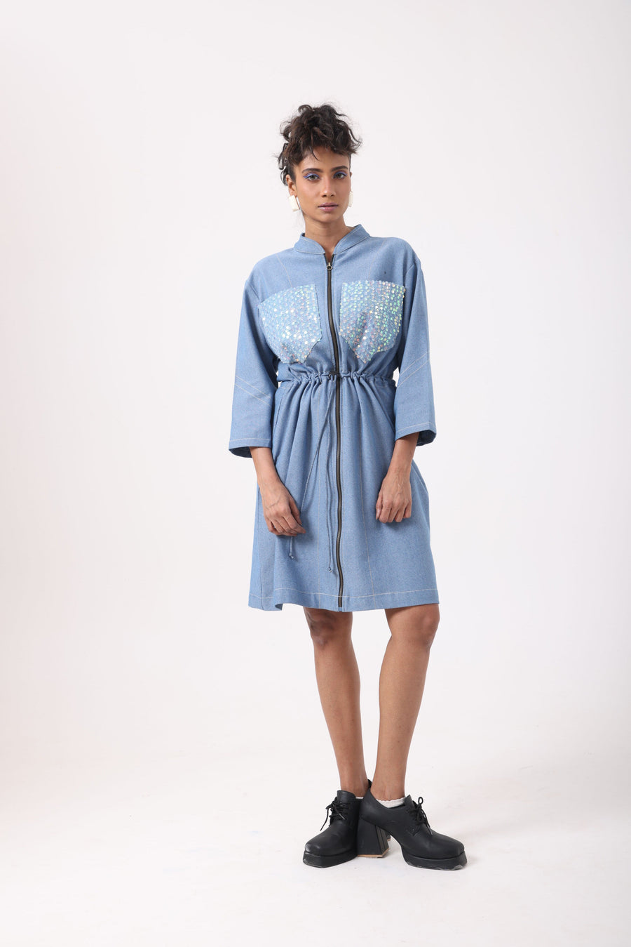 Sequence Denim Drawstring Dress - Alternate