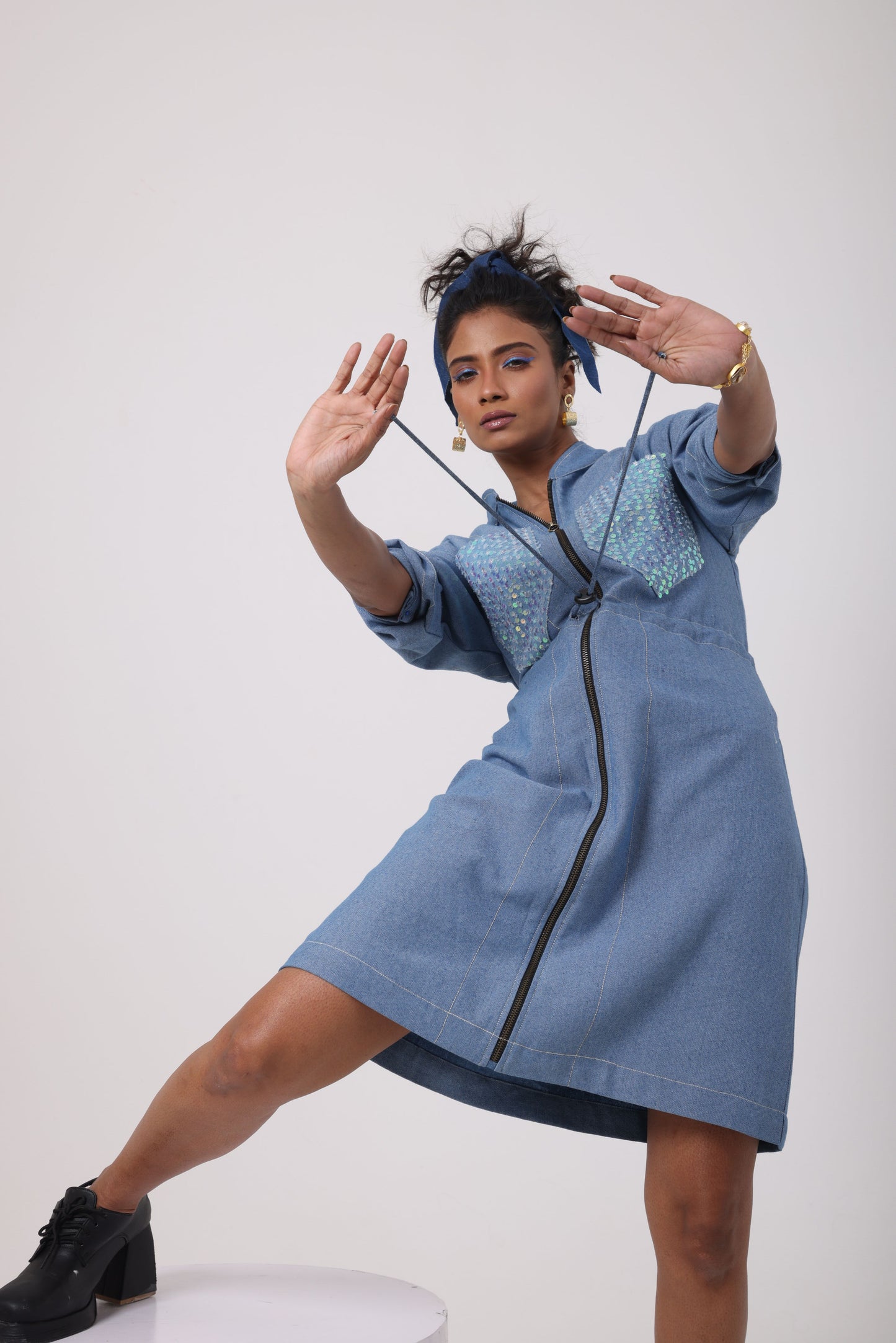 Sequence Denim Drawstring Dress