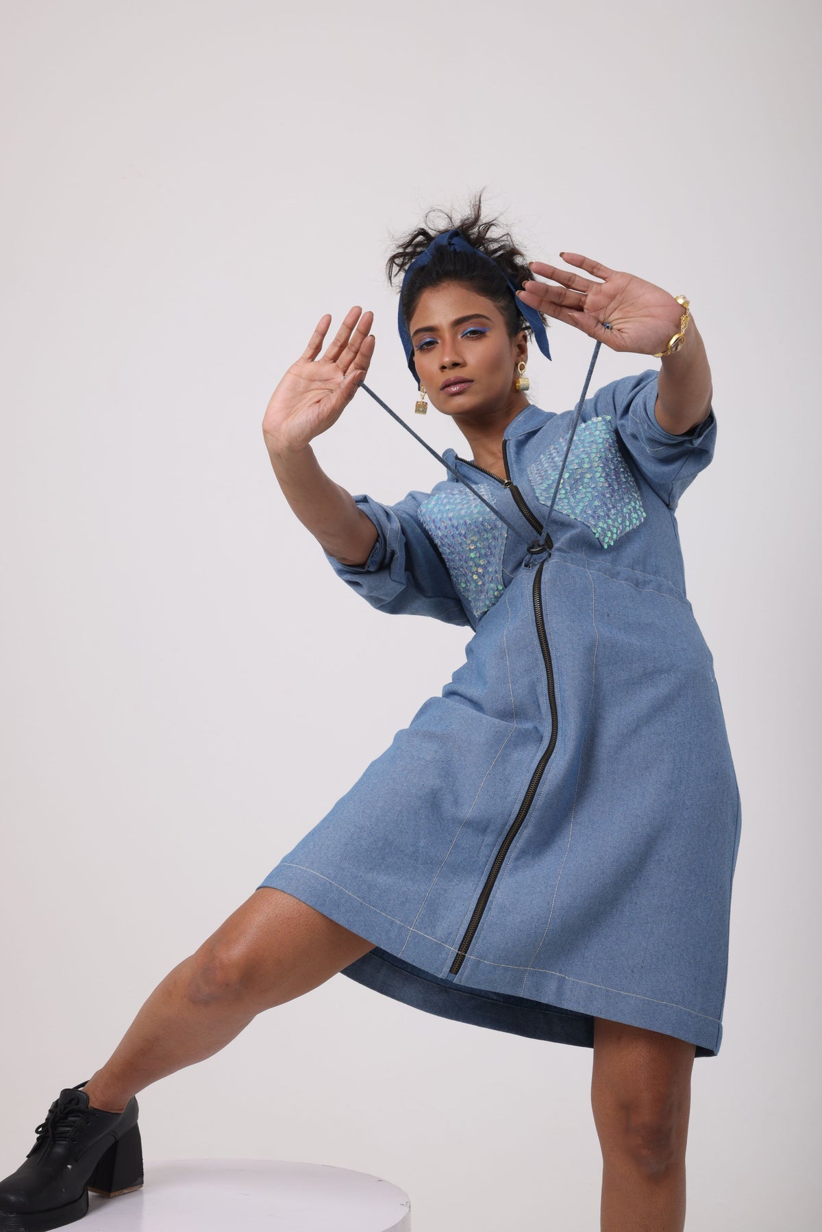 Sequence Denim Drawstring Dress - View 3