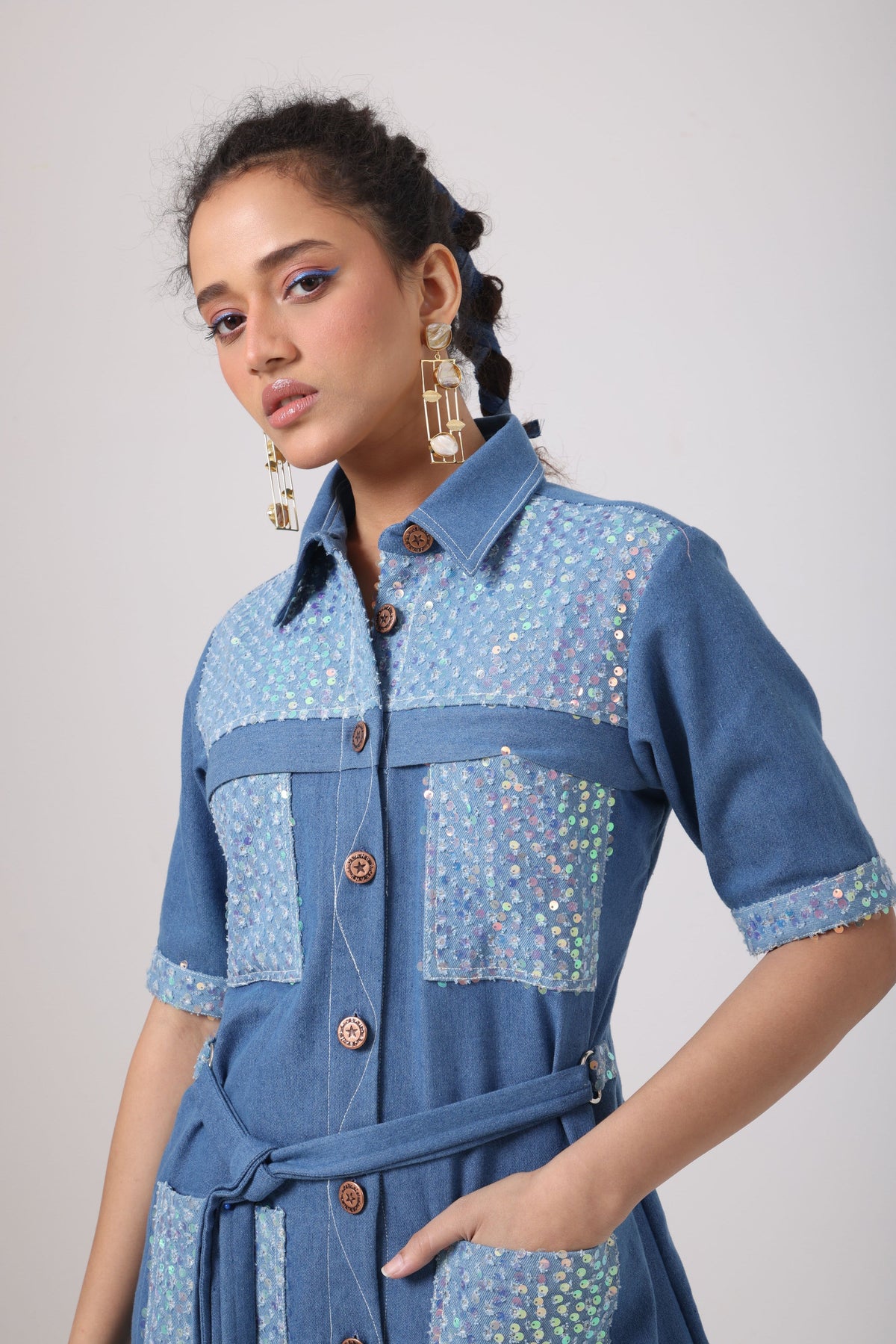 Sequence Denim Pocket Patch Dress - View 4
