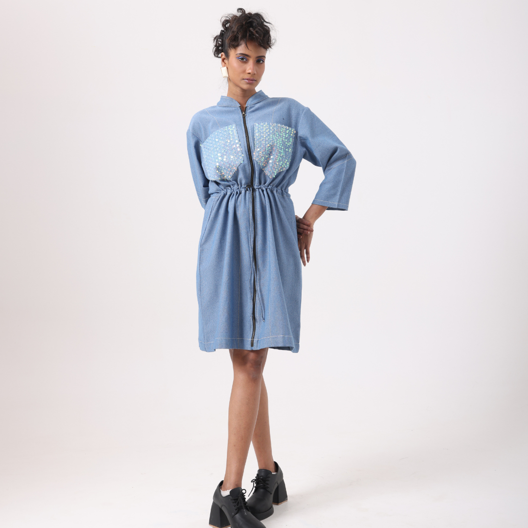 Sequence Denim Drawstring Dress