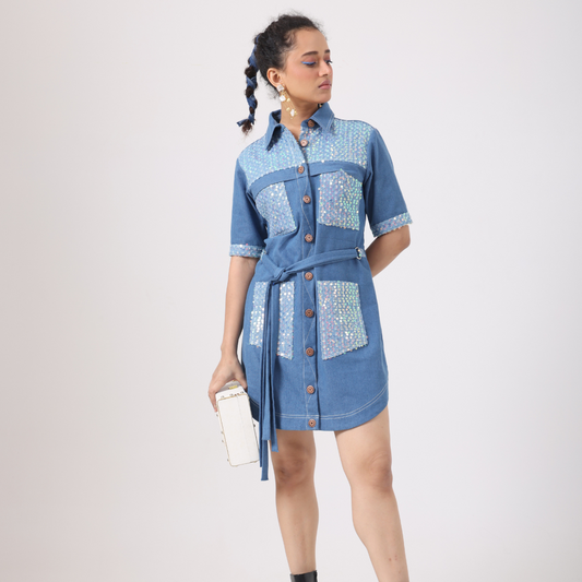 Sequence Denim Pocket Patch Dress