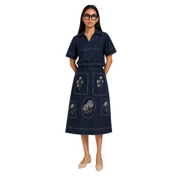 Cross-flower Blue Skirt Set