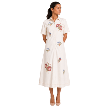 Cross-flower White Multicolor Midi Dress