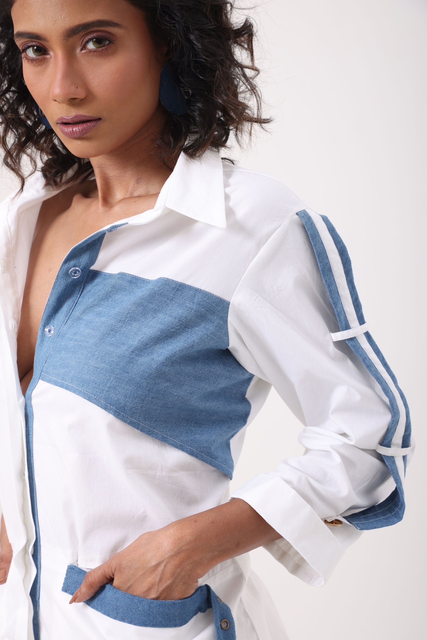 Denim Patch White Shirt Dress