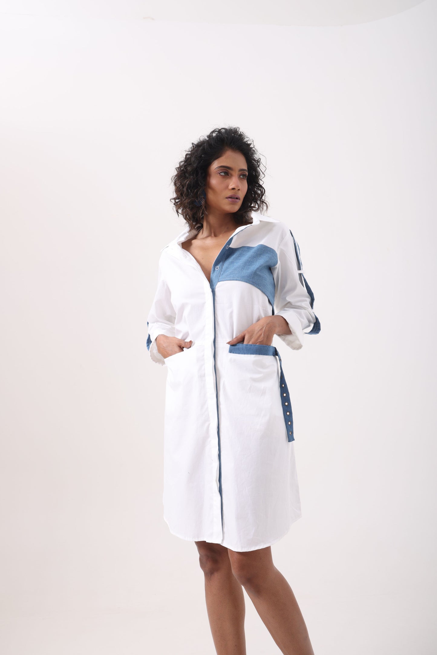 Denim Patch White Shirt Dress
