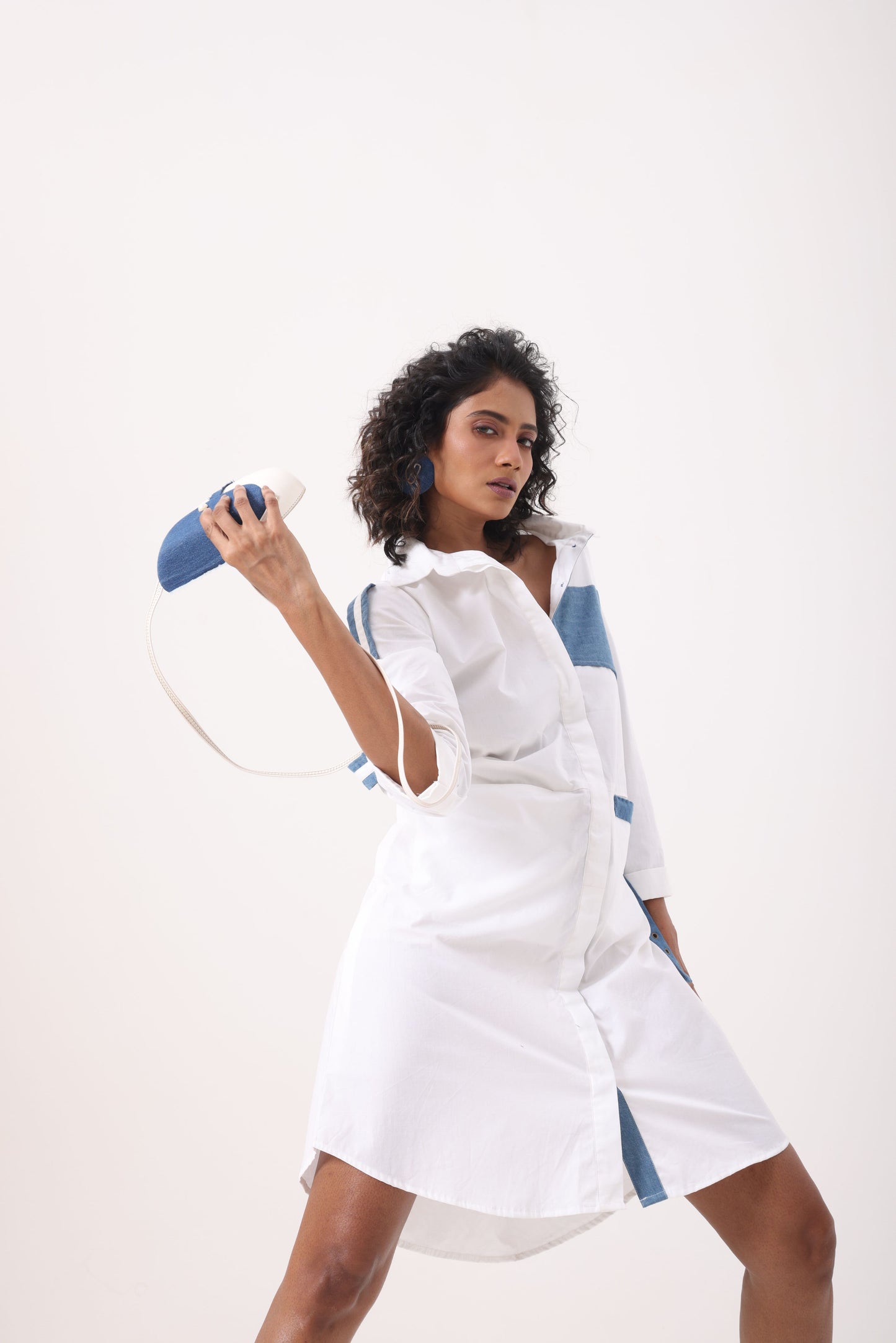 Denim Patch White Shirt Dress